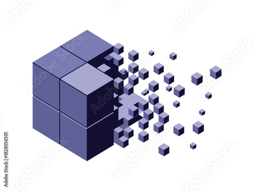 A cube of digital information disintegrates into smaller particles, symbolizing data loss.