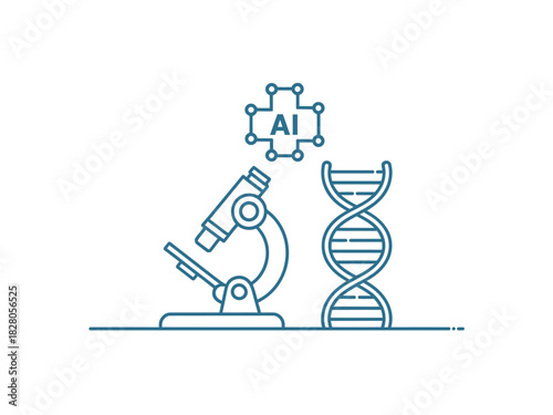 Microscope, DNA helix, and AI symbol represent scientific research and development.