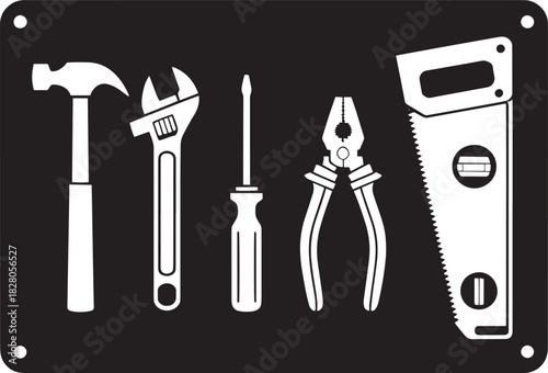 Set of tools silhouettes on dark background for construction and home repair projects isolated vector