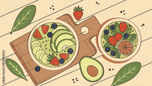 A vibrant and healthy breakfast scene featuring smoothie bowls with fresh fruit and avocado on a wooden board, promoting wellness and nutrition
