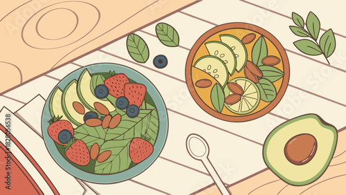 Two bowls of healthy food with avocado, strawberries, blueberries, and almonds on a wooden table, perfect for a nutritious and delicious meal