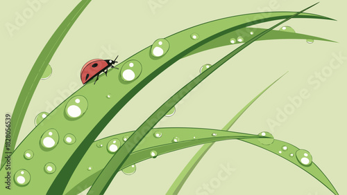 A ladybug rests on a vibrant green blade of grass, adorned with glistening water droplets, creating a refreshing and natural scene of natures beauty