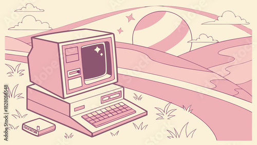 A vintage computer sits serenely amidst rolling hills, bathed in the soft glow of a setting sun, evoking nostalgia and a sense of technological history