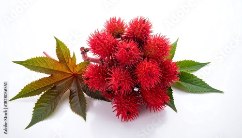 Cluster of red, spiky fruits and green, palmate leaves, isolated against a plain white background