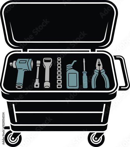 Tool storage box on wheels with various repair and building instruments inside vector icon