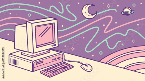 A dreamy retro computer setup with a vintage monitor, keyboard, and mouse, set against a whimsical backdrop of stars, moon, and cosmic swirls