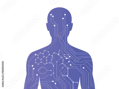 Silhouette of a human body integrated with circuitry and molecular structures.