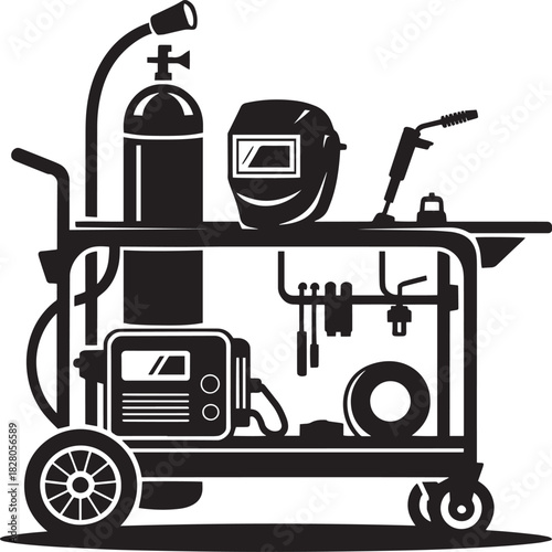 Welding machine setup with gas cylinder and helmet on industrial trolley cart vector silhouette icon