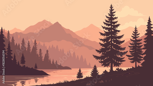 A serene landscape featuring majestic mountains shrouded in a warm, earthy palette, with towering pine trees reflected in the tranquil waters below