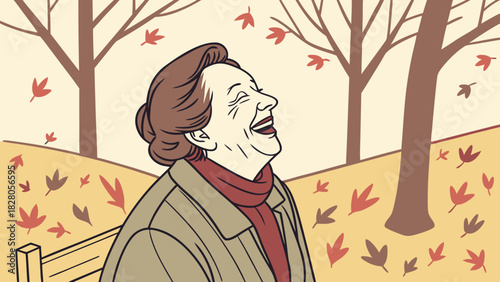 An elderly woman laughs joyfully on a park bench as autumn leaves fall around her, creating a heartwarming scene of seasonal happiness and peace