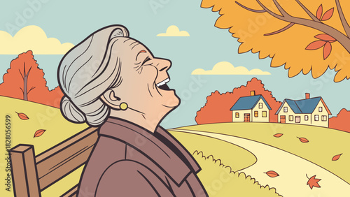 An elderly woman is laughing while sitting on a bench in the park, enjoying the autumn scenery with trees, houses, and a winding path