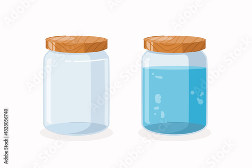 illustration of glass bottles filled with water and empty as a comparison in flat style