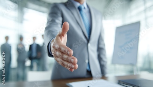 Business negotiator in a gray suit extending hand for handshake, showcasing professionalism and collaboration in a modern office environment with copy space