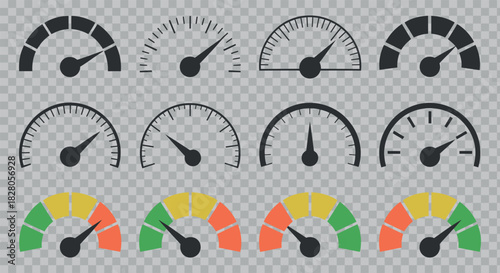 Set of Speedometer Gauges Measuring Performance and Progress