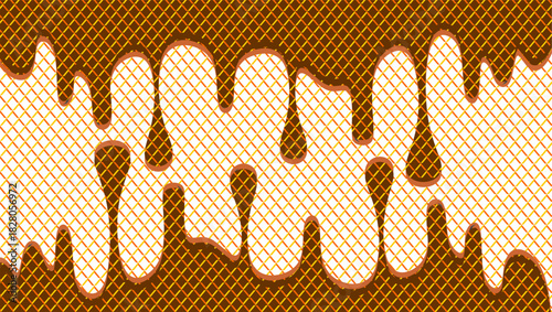 Chocolate drip illustration. Chocolate waffle drips illustration. Ice cream drips on waffle waffer background. Wavy waffle ice cream drips illustration. Vector of ice cream dripped.