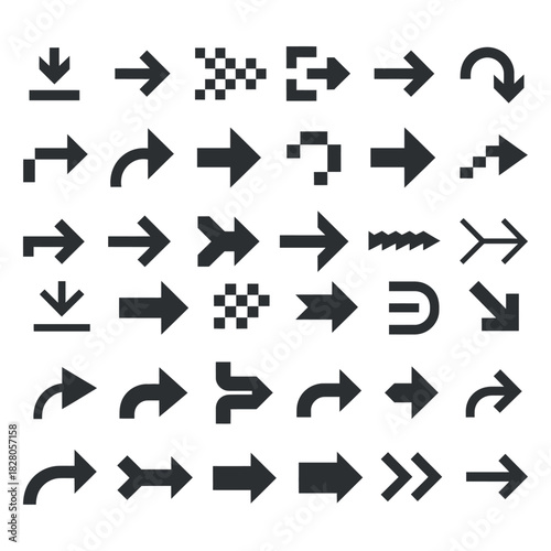 Variety of black arrow shapes pointing in diverse directions