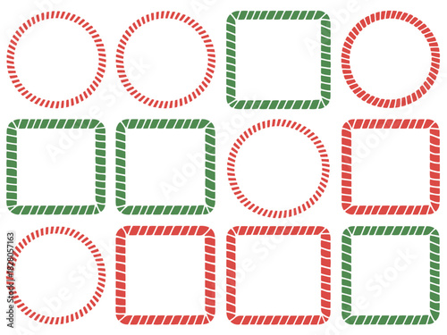 A collection of festive red and green candy cane patterned borders and frames.