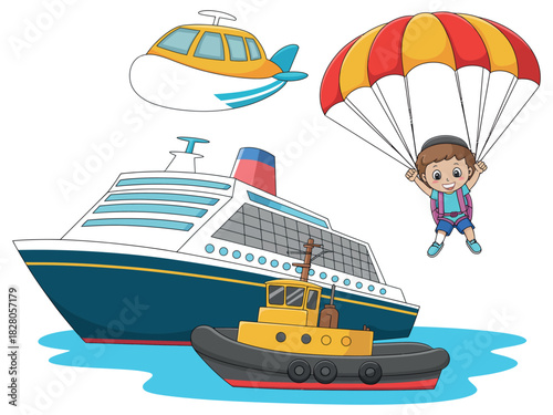 Cartoon illustration of cruise ship tugboat helicopter and parachutist