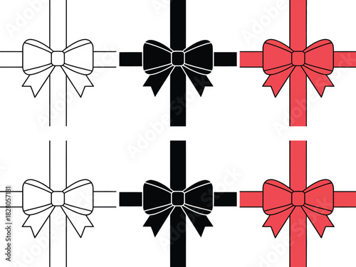 Six gift ribbons in red, black, and white outline designs arranged in two rows.