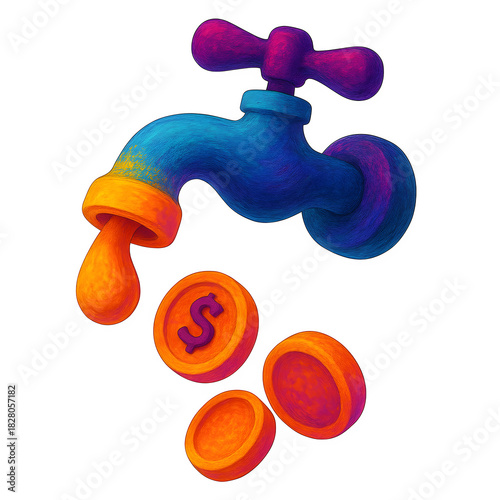 Abstract colorful faucet dripping money coins, symbolizing financial growth and liquidity isolated on transparent background, illustration
