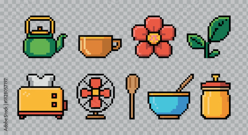 Pixel Art Style Still Life Kitchenware Elements Collection