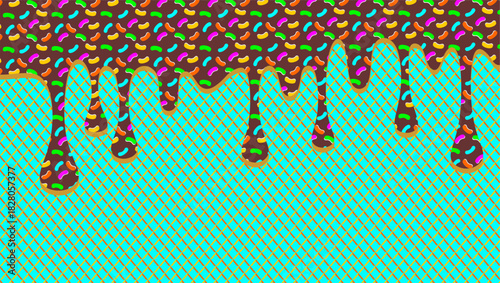 Chocolate drip with sprinkles illustration. Colorful sprinkle and chocolate drip on waffle background. Melting ice cream drip vector design. Wavy chocolate drips illustration.