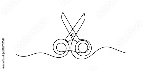 Continuous Line Drawing Of Scissors. One Line Of Scissors For Cutting. Scissors Continuous Line Art. Editable Outline.