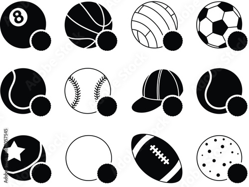 A collection of sports balls and equipment icons are displayed on a white background.
