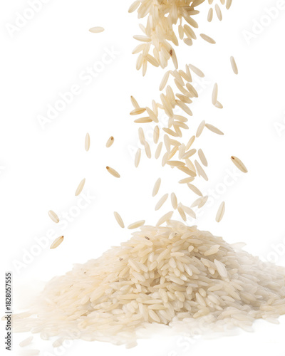 Falling Rice Grains Isolated on White Background.