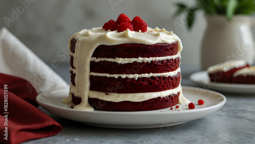 Red Velvet Cake With Cream Cheese Frosting And Raspberry Garnish