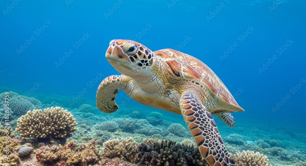Fototapeta premium Swimming Action of a Sea Turtle in Coral Reef Underwater Environment