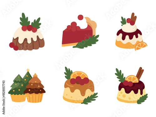 A set of cute flat-style Christmas desserts including puddings, pies, cupcakes, and festive treats decorated with berries, oranges, cinnamon sticks, and evergreen leaves.