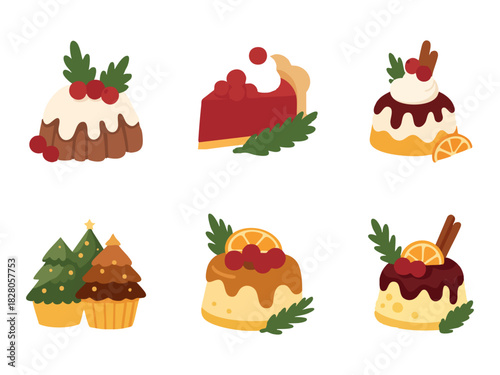 A set of cute flat-style Christmas desserts including puddings, pies, cupcakes, and festive treats decorated with berries, oranges, cinnamon sticks, and evergreen leaves.