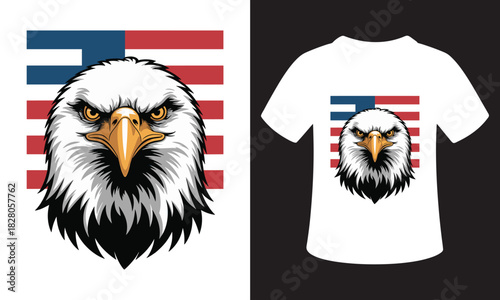 Bald eagle head illustration with american flag background on t shirt