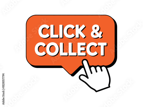 Orange click and collect sign with a white hand pointing at the text