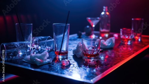 Empty bar table with spilled drinks and glasses in neon light setting