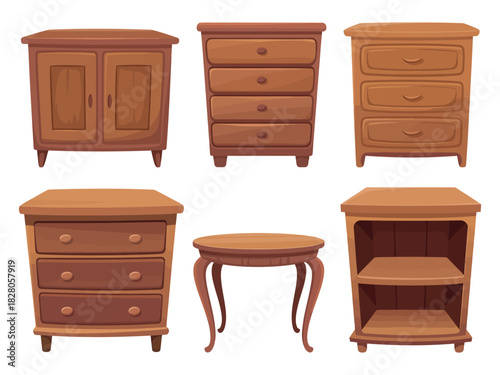 Illustration of six wooden furniture pieces on a white background