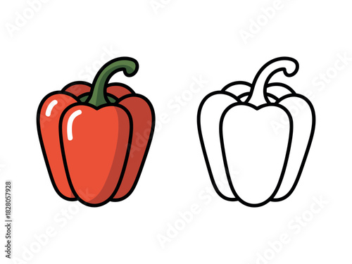 Illustration of a red bell pepper and a black and white outline