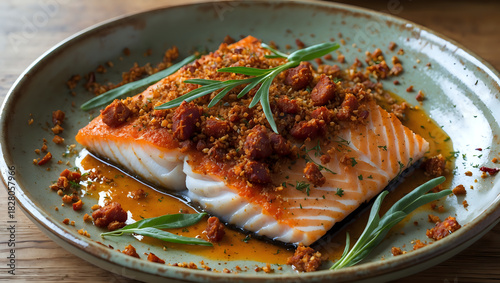 Baked Fish Fillet With A Chorizo Crust And Herbs