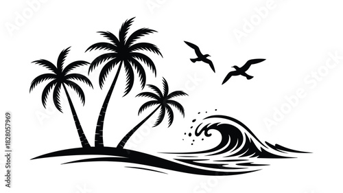 Tropical island scene with palm trees and seagulls