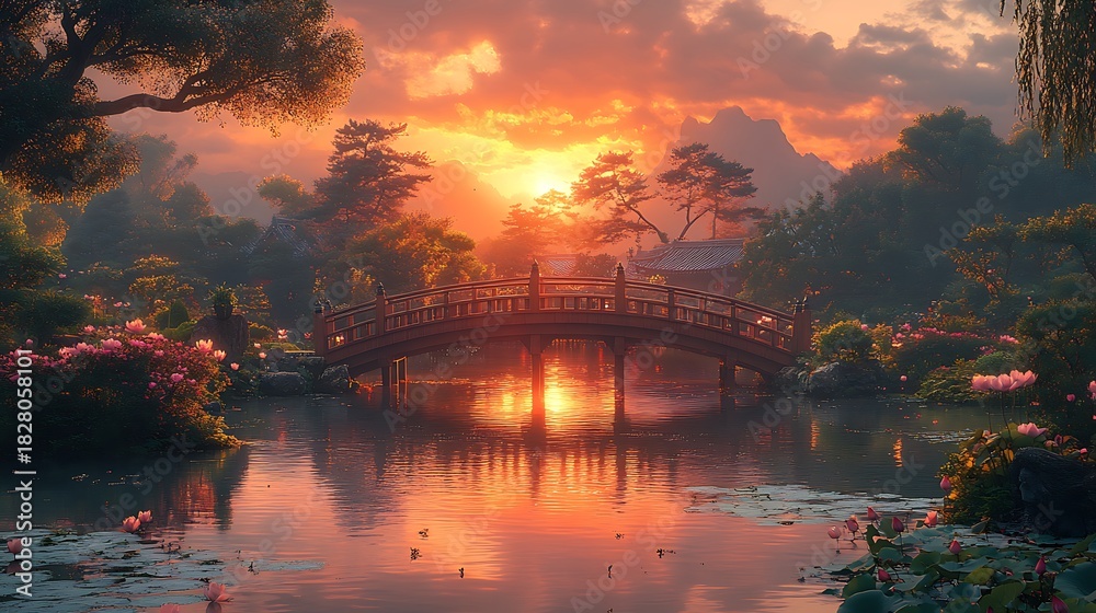 Fototapeta premium Sunset over peaceful garden bridge