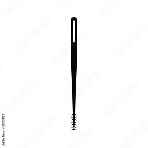Black sewing needle with eye and barbed tip thread