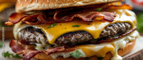 Juicy Bacon Cheeseburger With Melted Cheese, Sesame Bun, And Crispy Bacon Strips