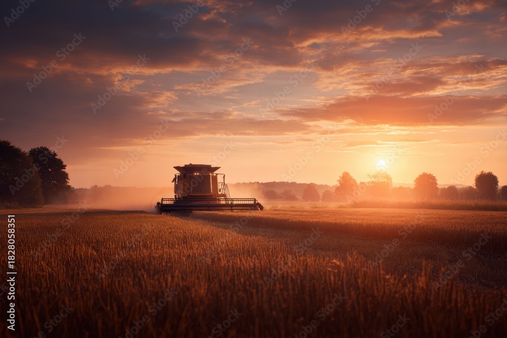 Fototapeta premium Combine harvester collects ripe crops at sunset in a golden field under a colorful sky