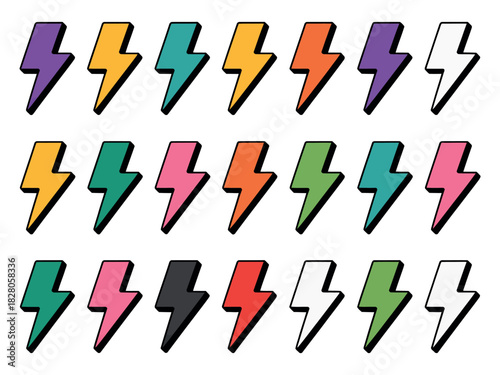 Collection of colorful lightning bolt icons arranged in a pattern