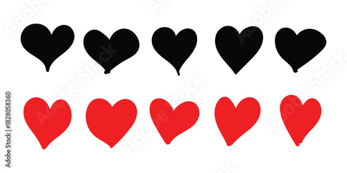 A row of five black hand-drawn hearts above a row of five red hand-drawn hearts on a white background.