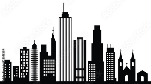 Black silhouette of a modern city skyline with churches