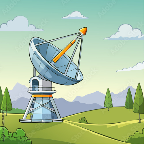 Un radiotélescope en pleine nature, radioastronomie, astronomie, nature, extérieur, montagnes, soleil  