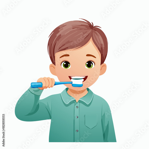 Petit garçon se brosse les dents, hygiène dentaire, santé, isolé sur un fond blanc, vue de face, souriant
