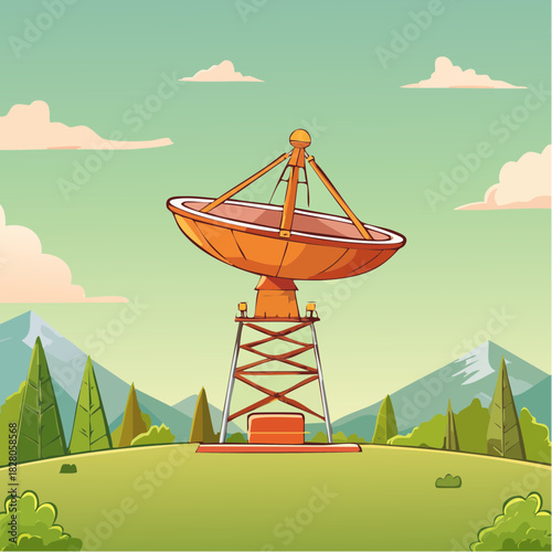 Un radiotélescope en pleine nature, radioastronomie, astronomie, nature, extérieur, montagnes, soleil  